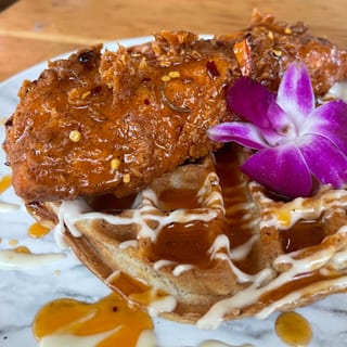 HOT HONEY CRISPY SALMON & WAFFLES